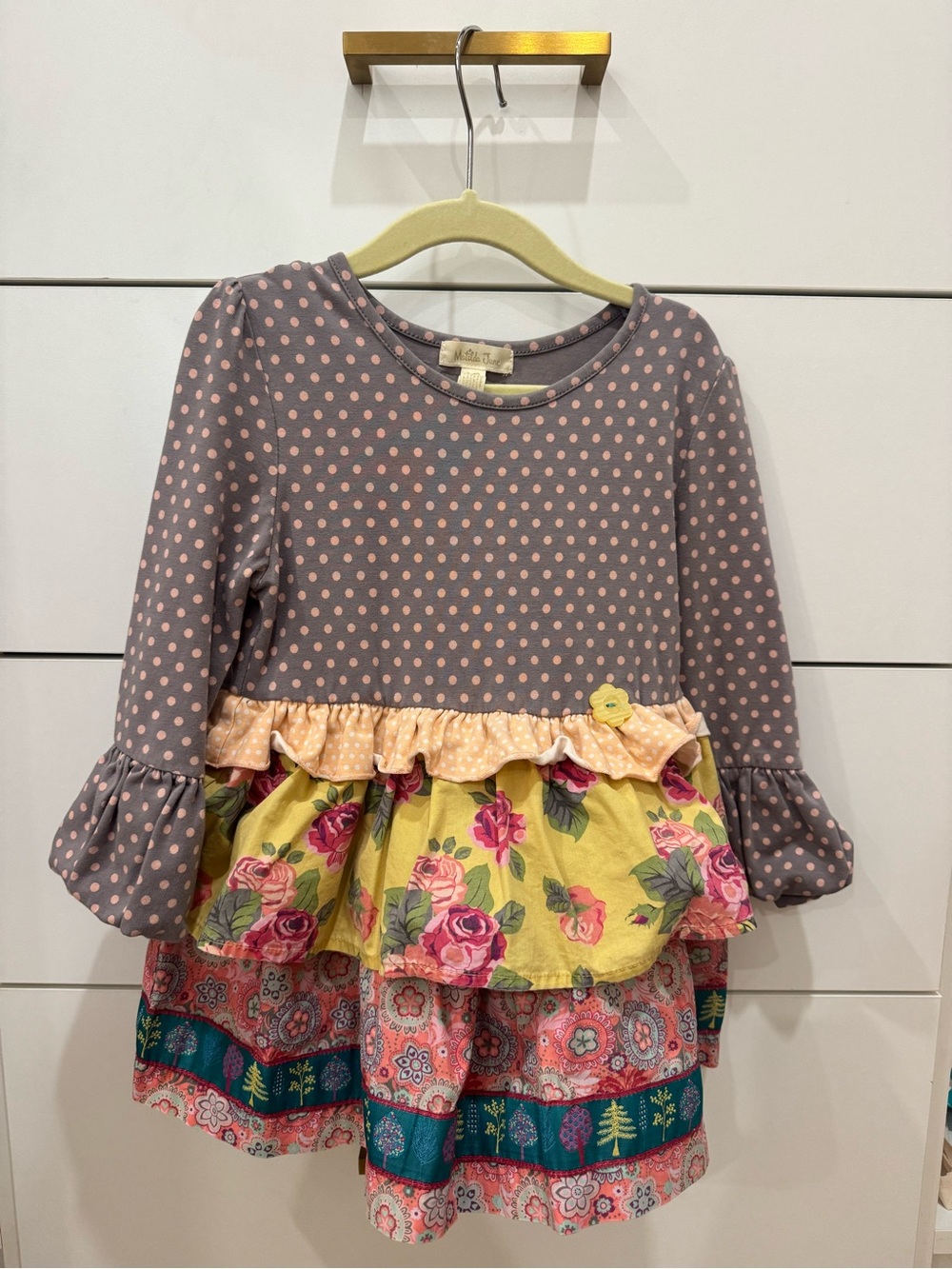 Matilda Jane Gray & Pink Polka Dot Tiered Floral Ruffle Dress